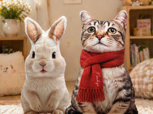 Custom pet shaped pillow – cat and rabbit lifestyle sample
