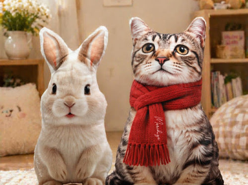 Custom pet shaped pillow – cat and rabbit lifestyle sample